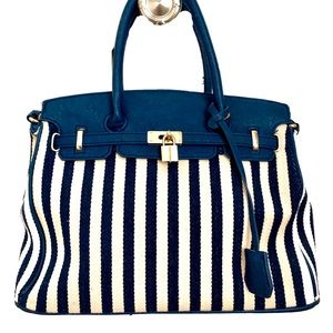 Blue & Cream Stripe Canvas with Vegan Leather Bag